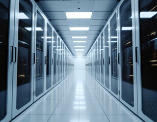 AI Image: Server room showing rows of computers and servers illuminated by bright overhead lights.