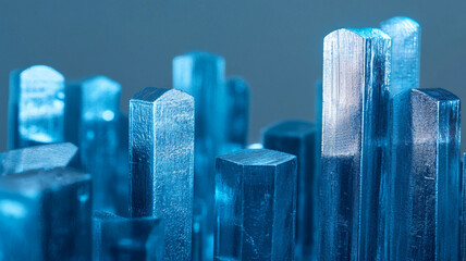 Close up of blue metallic crystals with sharp edges and reflective surfaces, creating striking visual effect. arrangement showcases various heights and angles, enhancing depth