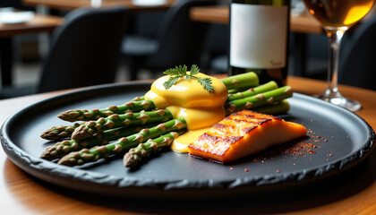 Grilled asparagus served with salmon and lemon, healthy gourmet meal