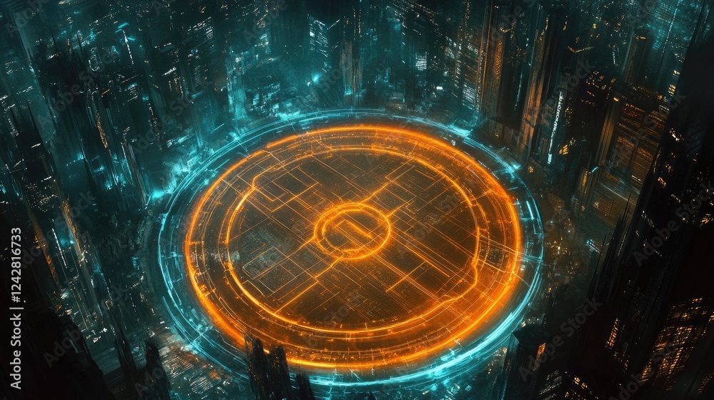 Poster futuristic cityscape with glowing circular structure