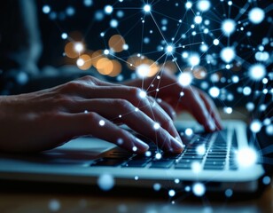 AI image showcases hands typing on a laptop, overlaid with a glowing network of connected nodes, symbolizing technology and connectivity.
