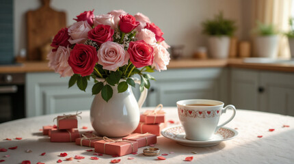 Vase with beautiful rose flowers, wedding ring, tea set and valentine gifts