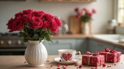 Fototapeta premium Vase with beautiful rose flowers, wedding ring, tea set and valentine gifts