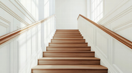 Elegant wooden stairs lead to bright room, showcasing modern design with natural light illuminating space. warm tones create welcoming atmosphere