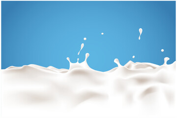 Milk splash seamless pattern. 3d realistic yogurt wave border on blue background. Vector milky package design.