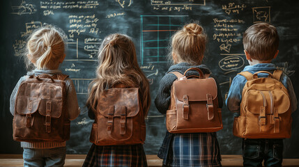 Back view of schoolchildren with backpacks looking at blackboard in classroom