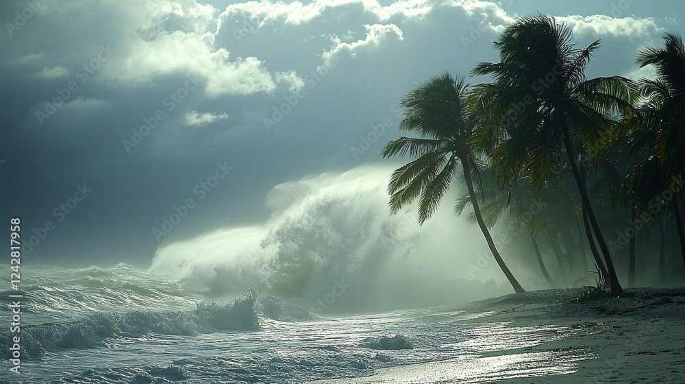 Aufkleber powerful ocean waves surge onto a sandy beach, creating a misty spray as palm trees sway in the stro
