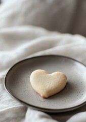 Single heart-shaped cookie on a grey plate. the cookie is light brown in color and appears to be freshly baked. the plate is resting on a white cloth, which is slightly blurred in the background.