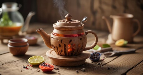 Wooden tea infuser and clay filter on a rustic table, home decor, handmade