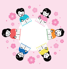 春らしい新学期・入学・塾イメージの小学生の子供が勉強するタイトル向き円形のコピースペースのある背景イラスト素材