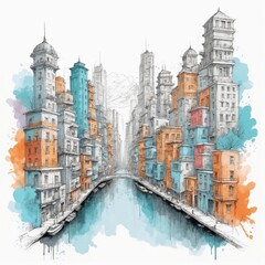 Fototapeta premium Hand-Drawn Cityscape Art in Bright and Lively Colors