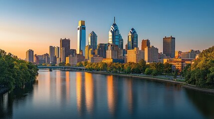 Obraz premium Philadelphia Skyline Sunset Cityscape River Reflection