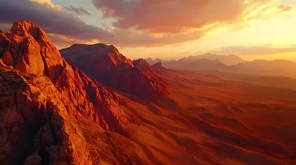 Stunning desert landscape at sunset, vibrant red rock formations under a dramatic sky, ideal for nature themes and inspiration.