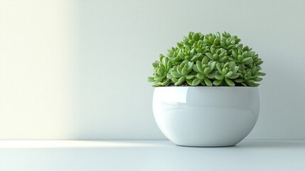 Succulent plant in white pot, minimalist interior, sunlight