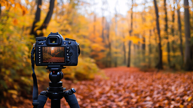 A camera on a tripod captures the vibrant autumn colors in a forest.