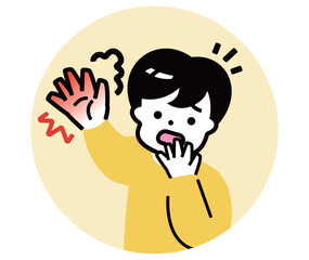 危険な熱いものに触れる男の子：子供の手のやけど注意イラスト素材_火傷注意
