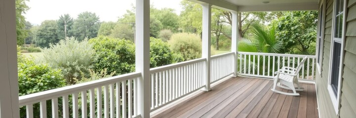Fototapeta premium wooden porch with white railings overlooking green backyard area, greenery, rustic charm