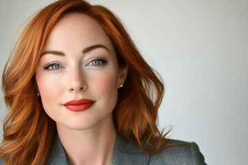 Fototapeta premium Stylish Close-Up Portrait of a Caucasian Woman with Red Lipstick and Blonde Hair in Formal Black Suit on a Minimal White Background, Highlighting Elegance, Beauty, and Professionalism