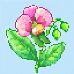 Obraz premium Sweet pea flower in pixel art style on light blue background for cross stitch pattern