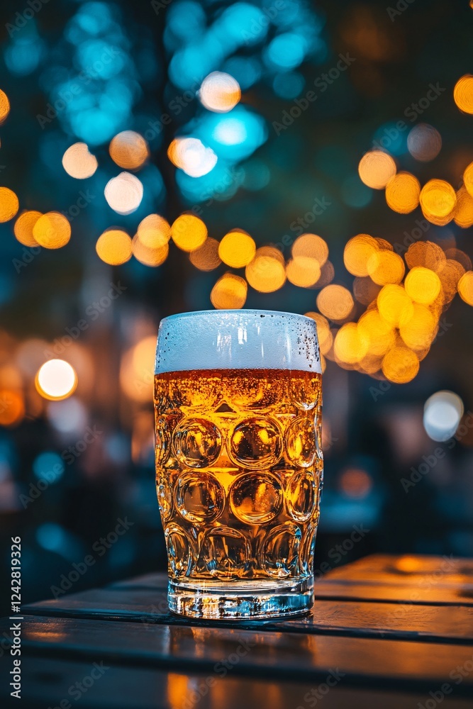 Poster Glass of cold beer standing on a table at night with bokeh lights in the background