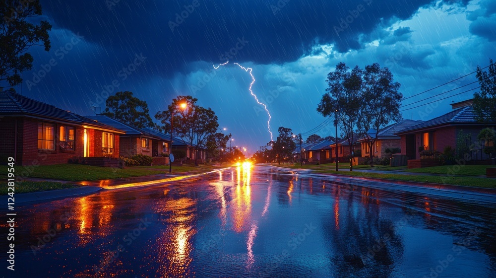 Poster dark clouds gather above a quiet neighborhood, as a sudden flash of lightning strikes, reflecting in