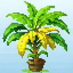 Fototapeta premium Pixel art illustration of a banana plant with yellow bananas in a pot for cross stitch pattern