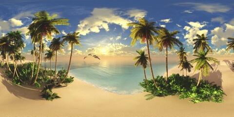 Fototapeta premium HDRI High resolution map, environment map, Round panorama, spherical panorama, equidistant projection, sea sunset, panoramic, 3D rendering. Sunset over a tropical island 