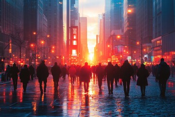 Silhouetted Crowd Walking Through Vibrant City Street at Sunset with Colorful Sky