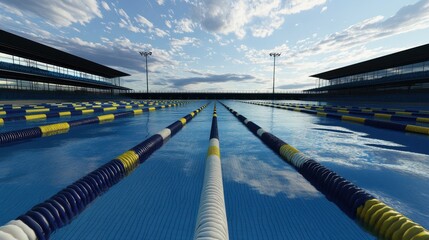 Olympic sized swimming pool lanes under a partly cloudy sky