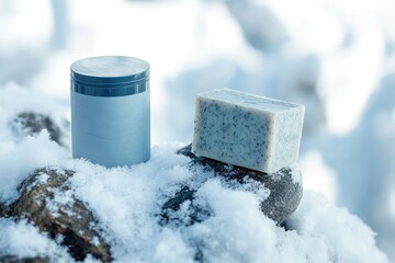 Winter skincare products on snowy rocks