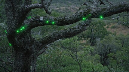 Fototapeta premium Green lights strung on oak tree branch, hilltop view, dusk, festive