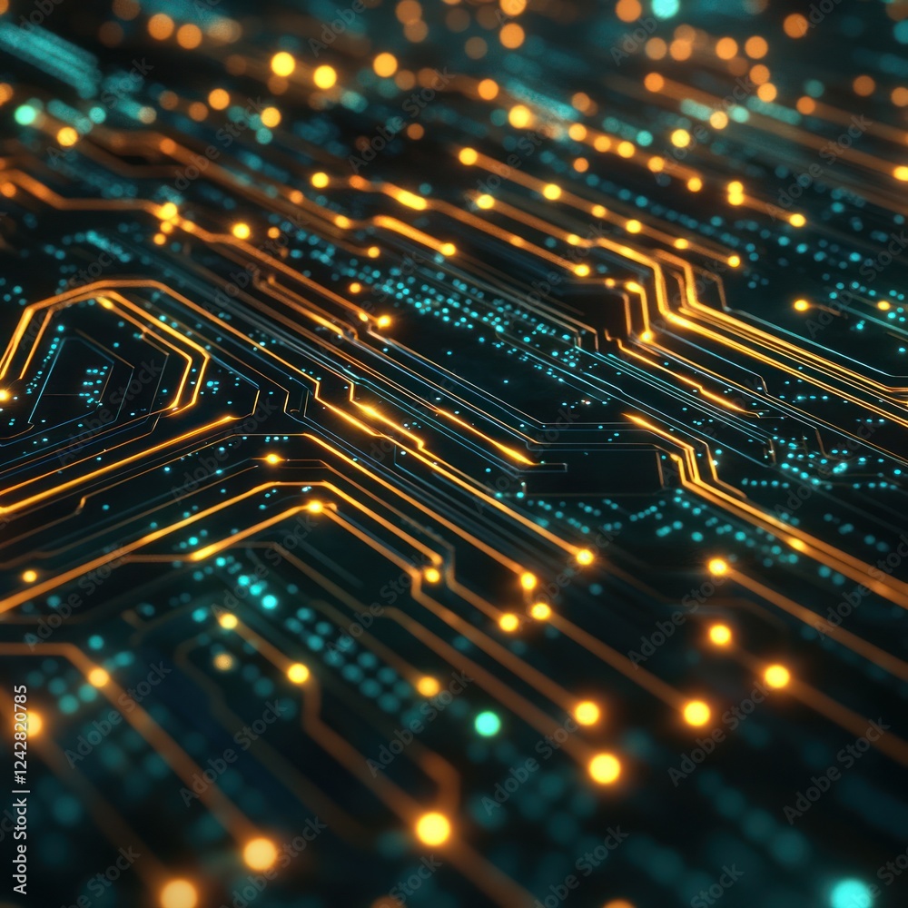 Poster illuminated electronic circuit board abstract background for digital technology and data processing