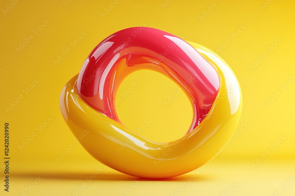 Poster abstract liquid forms in glossy red and yellow tones flow together, creating a dynamic composition w