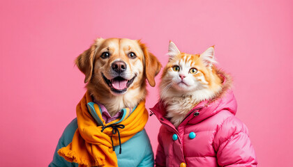 cute pets dressed in fashionable stylish bright clothes on a bright colored background