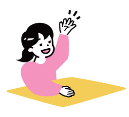 自信に満ちた小学生の女の子が、塾の授業で手を上げる挙手のイラスト：学校でも輝く子供たち