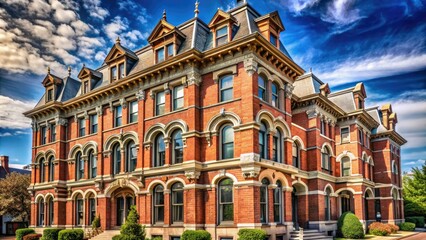 Fototapeta premium Wide-angle shot of a historic brick building with ornate moldings and intricate details, building restoration, brick facades, woodwork, architectural ornaments