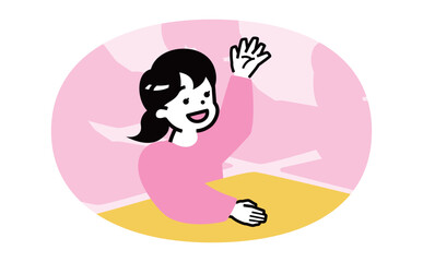 自信に満ちた小学生の女の子が、塾の授業で手を上げる挙手のイラスト：学校でも輝く子供たち
