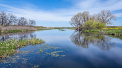 Fototapeta premium Serene prairie river with blue skies and lush greenery, wildflowers in bloom, calm water winding through wetland area under midday sun, nature’s beauty captured.