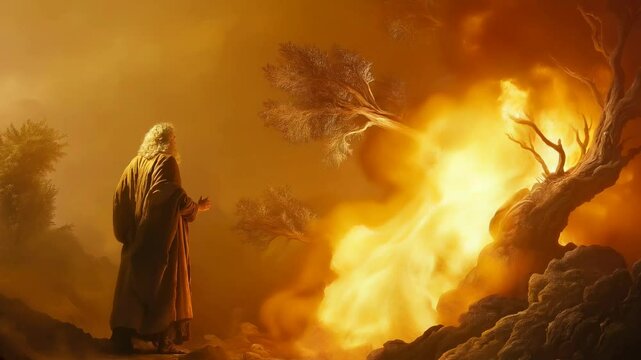 Moses stands before the burning bush, a powerful symbol of divine revelation and calling.

