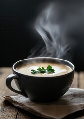 Close-up of a black bowl of soup on a wooden table. the soup appears to be creamy and has a light brown color.