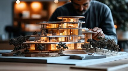 Architect meticulously crafting a detailed model of a modern house in a cozy studio setting