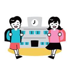 かわいい子供たちの新学期_ランドセルを背負った男女の小学生が笑顔で学校に向かう友達のイラスト