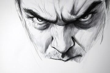 Obraz premium Close up pencil sketch of a frowning man with an intense stare, conveying feelings of anger and seriousness