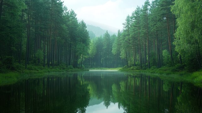 Misty forest lake reflection, calm nature scene, tranquil background, travel poster