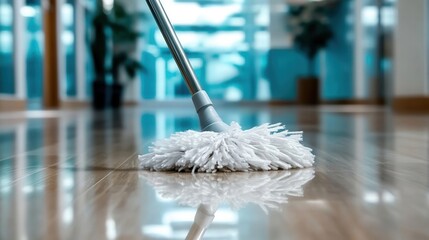 Mop on shiny office floor for effective cleaning.