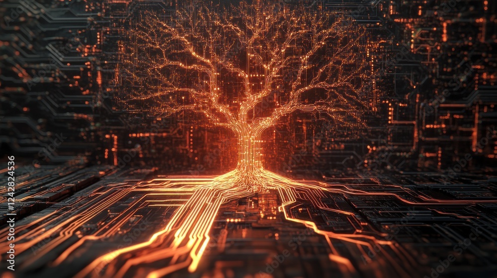 Poster glowing digital tree network circuitry art