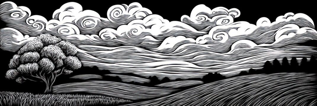A stylized black and white landscape with rolling hills and clouds