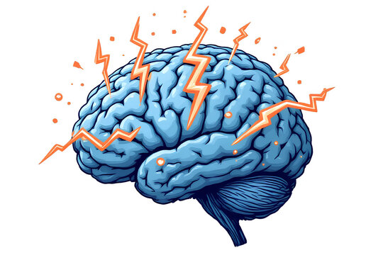 A stylized illustration of the human brain experiencing an epileptic seizure depicted by vibrant orange lightning bolts striking the brain's surface for Epilepsy Awareness Day