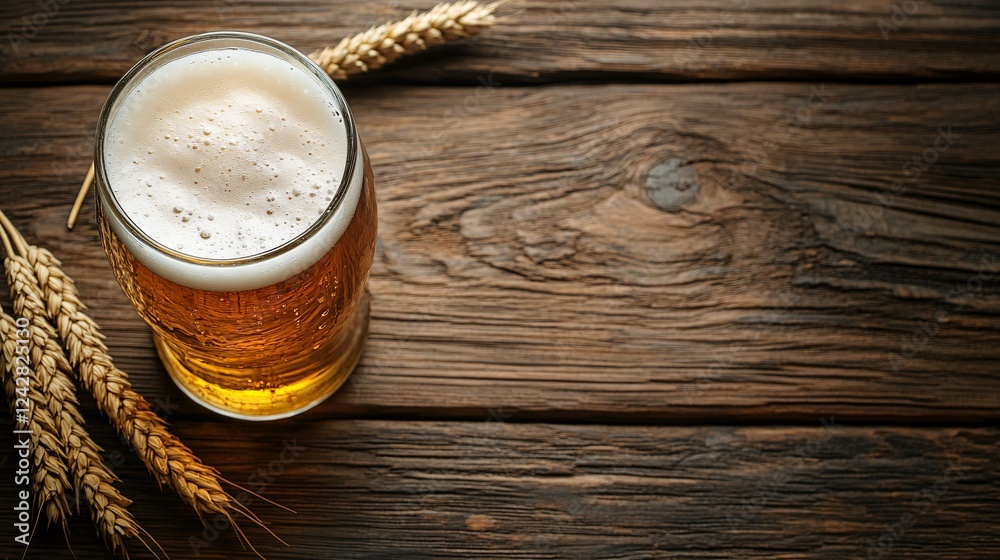 Poster glass of cold beer standing on rustic wooden table with wheat