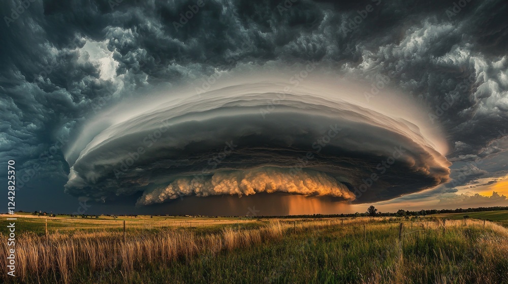 Poster a breathtaking shelf cloud casts an ominous shadow over a field, illuminated by the warm colors of s